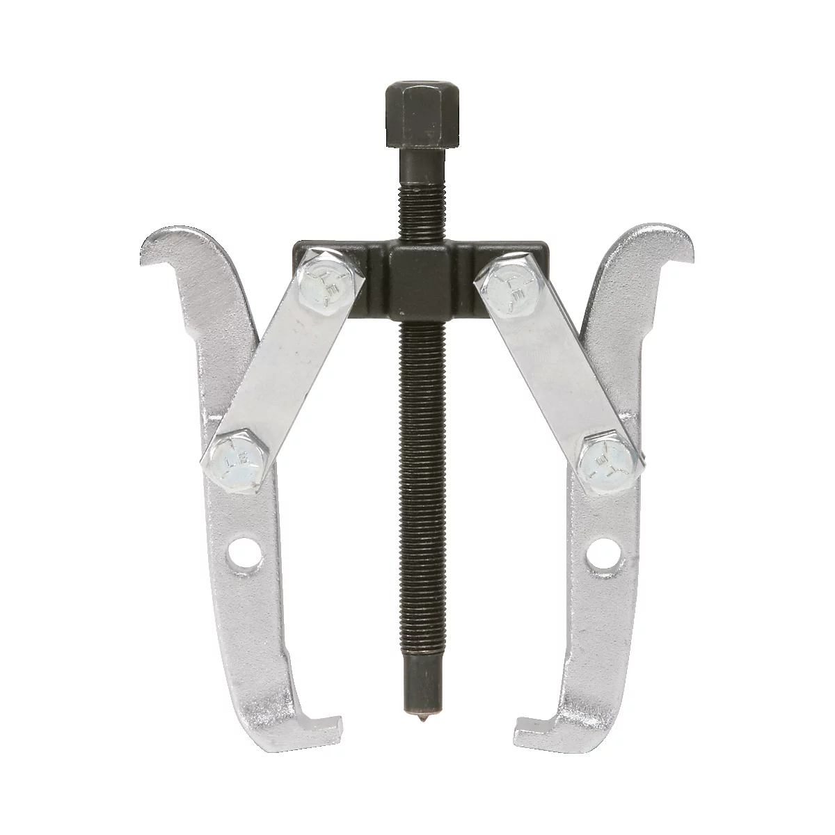 Werkzeug mit zwei Greifarmen und einer Gewindespindel, silber-schwarz, zum Entfernen von Teilen.